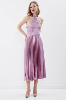 Sırt Dekolteli Boyundan Bağlamalı Piliseli Elbise - 6