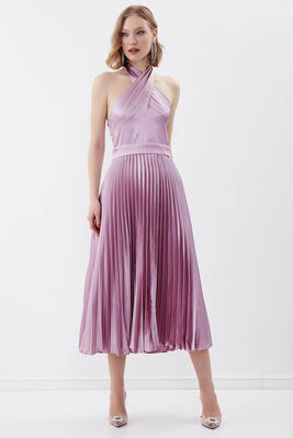 Sırt Dekolteli Boyundan Bağlamalı Piliseli Elbise - 8