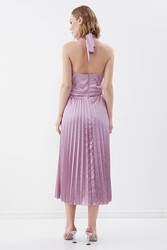 Sırt Dekolteli Boyundan Bağlamalı Piliseli Elbise - 10