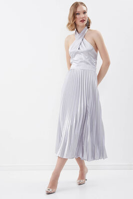 Sırt Dekolteli Boyundan Bağlamalı Piliseli Elbise - 11