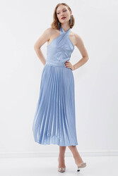 Sırt Dekolteli Boyundan Bağlamalı Piliseli Elbise - 18