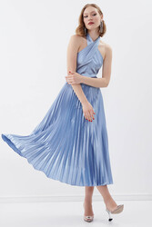 Sırt Dekolteli Boyundan Bağlamalı Piliseli Elbise - 16