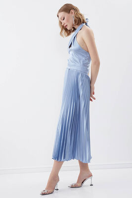 Sırt Dekolteli Boyundan Bağlamalı Piliseli Elbise - 19