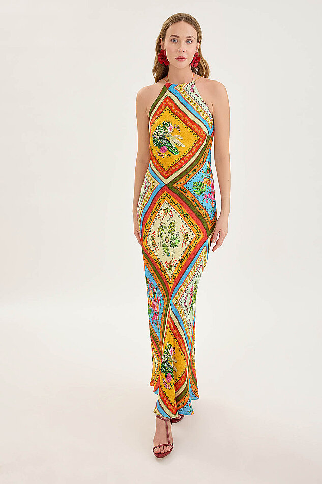 Sırt Dekolteli Desenli Saten Elbise - 3