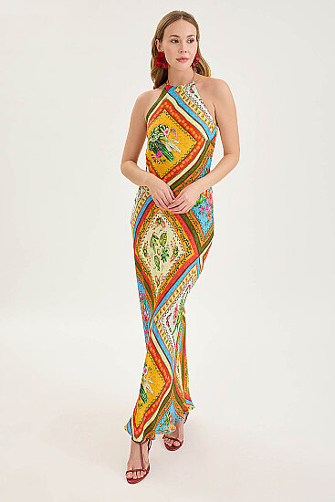 Sırt Dekolteli Desenli Saten Elbise - 1