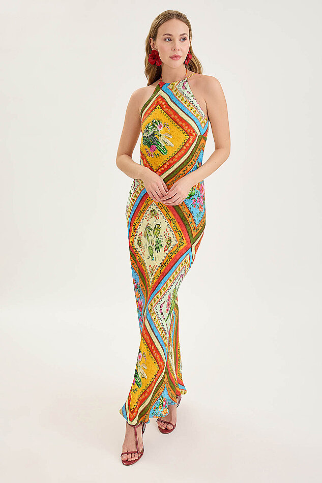 Sırt Dekolteli Desenli Saten Elbise - 1