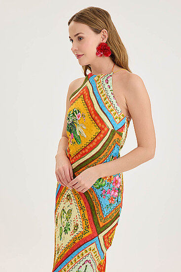 Sırt Dekolteli Desenli Saten Elbise - 2