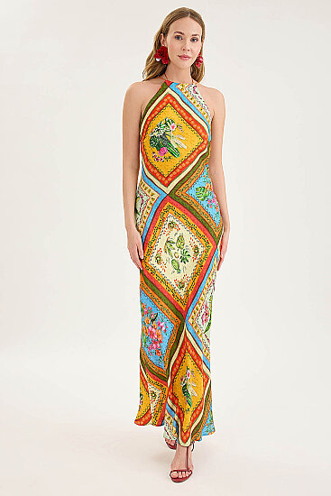 Sırt Dekolteli Desenli Saten Elbise - 7