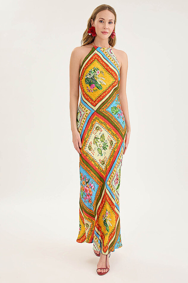 Sırt Dekolteli Desenli Saten Elbise - 7