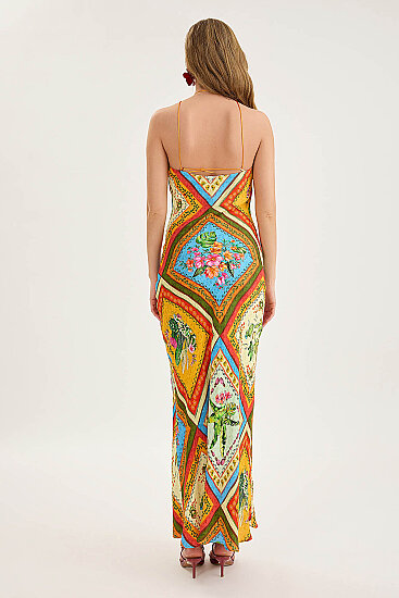 Sırt Dekolteli Desenli Saten Elbise - 5