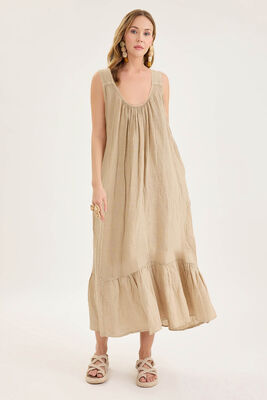 VİTRİN - Sırtı Fiyonklu Cepli Keten Elbise (1)