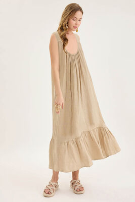 Sırtı Fiyonklu Cepli Keten Elbise - Thumbnail (2)