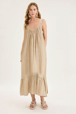 VİTRİN - Sırtı Fiyonklu Cepli Keten Elbise