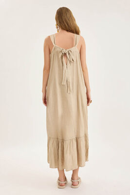 Sırtı Fiyonklu Cepli Keten Elbise - Thumbnail (3)