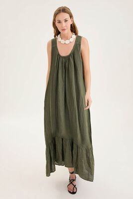 Sırtı Fiyonklu Cepli Keten Elbise - Thumbnail (5)