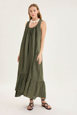 Sırtı Fiyonklu Cepli Keten Elbise - Thumbnail (6)