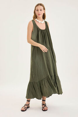 Sırtı Fiyonklu Cepli Keten Elbise - Thumbnail (7)