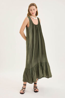 Sırtı Fiyonklu Cepli Keten Elbise - Thumbnail (9)