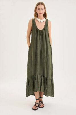 Sırtı Fiyonklu Cepli Keten Elbise - Thumbnail (4)