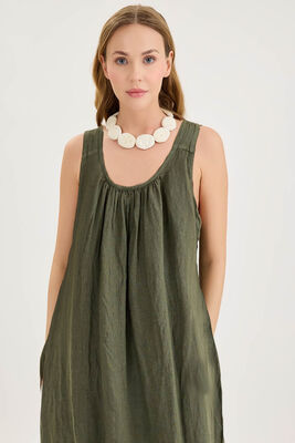 Sırtı Fiyonklu Cepli Keten Elbise - Thumbnail (10)