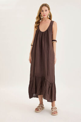 Sırtı Fiyonklu Cepli Keten Elbise - Thumbnail (11)