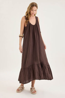 Sırtı Fiyonklu Cepli Keten Elbise - Thumbnail (12)