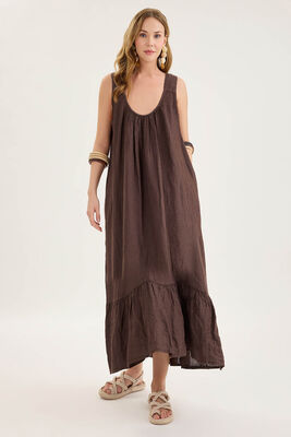 Sırtı Fiyonklu Cepli Keten Elbise - Thumbnail (13)