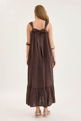 Sırtı Fiyonklu Cepli Keten Elbise - Thumbnail (14)