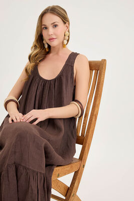 Sırtı Fiyonklu Cepli Keten Elbise - Thumbnail (15)