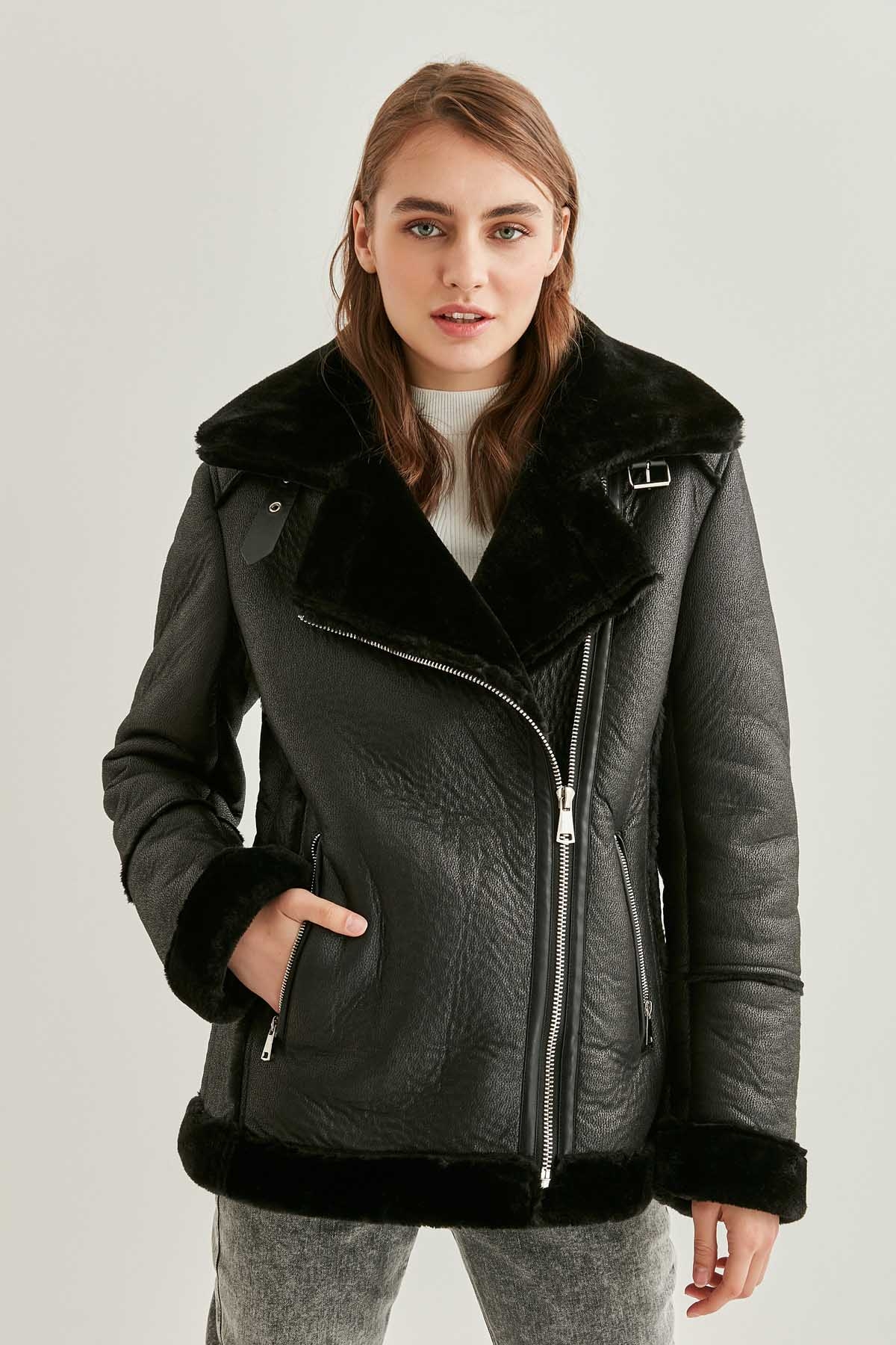 Siyah Dışı Mat Kürklü Suni Deri Ceket - Thumbnail