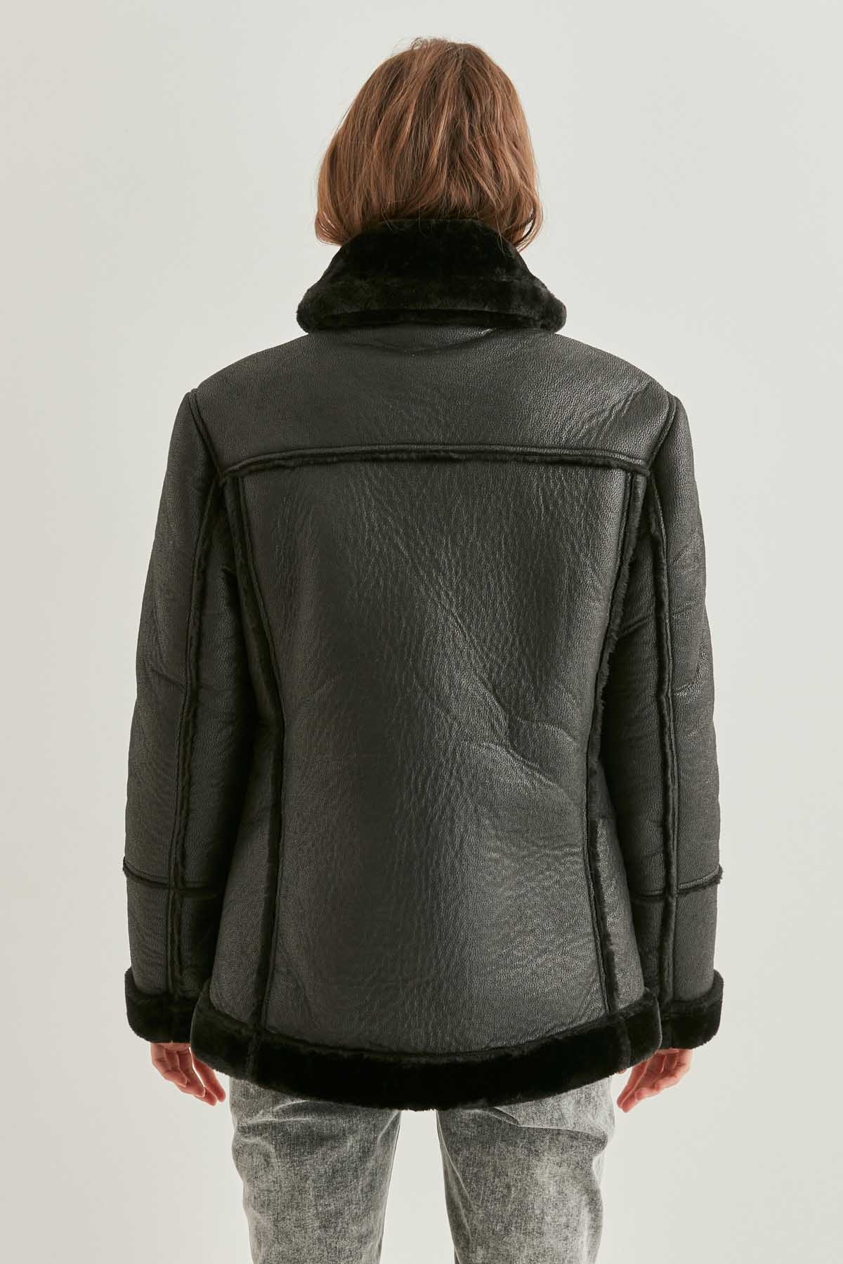 Siyah Dışı Mat Kürklü Suni Deri Ceket - Thumbnail