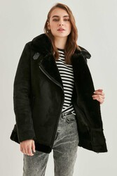 Siyah Süet Suni Kürk Detaylı Uzun Biker Ceket - 3