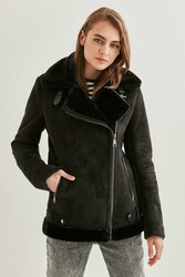 Siyah Süet Suni Kürk Detaylı Uzun Biker Ceket - 4