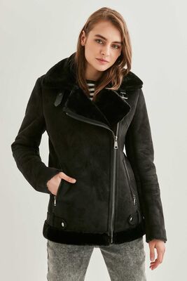 Siyah Süet Suni Kürk Detaylı Uzun Biker Ceket - 4