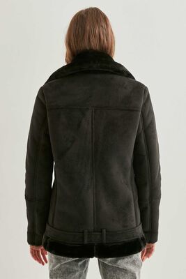 Siyah Süet Suni Kürk Detaylı Uzun Biker Ceket - 5