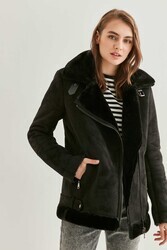 Siyah Süet Suni Kürk Detaylı Uzun Biker Ceket - 10