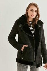 Siyah Süet Suni Kürk Detaylı Uzun Biker Ceket - 12