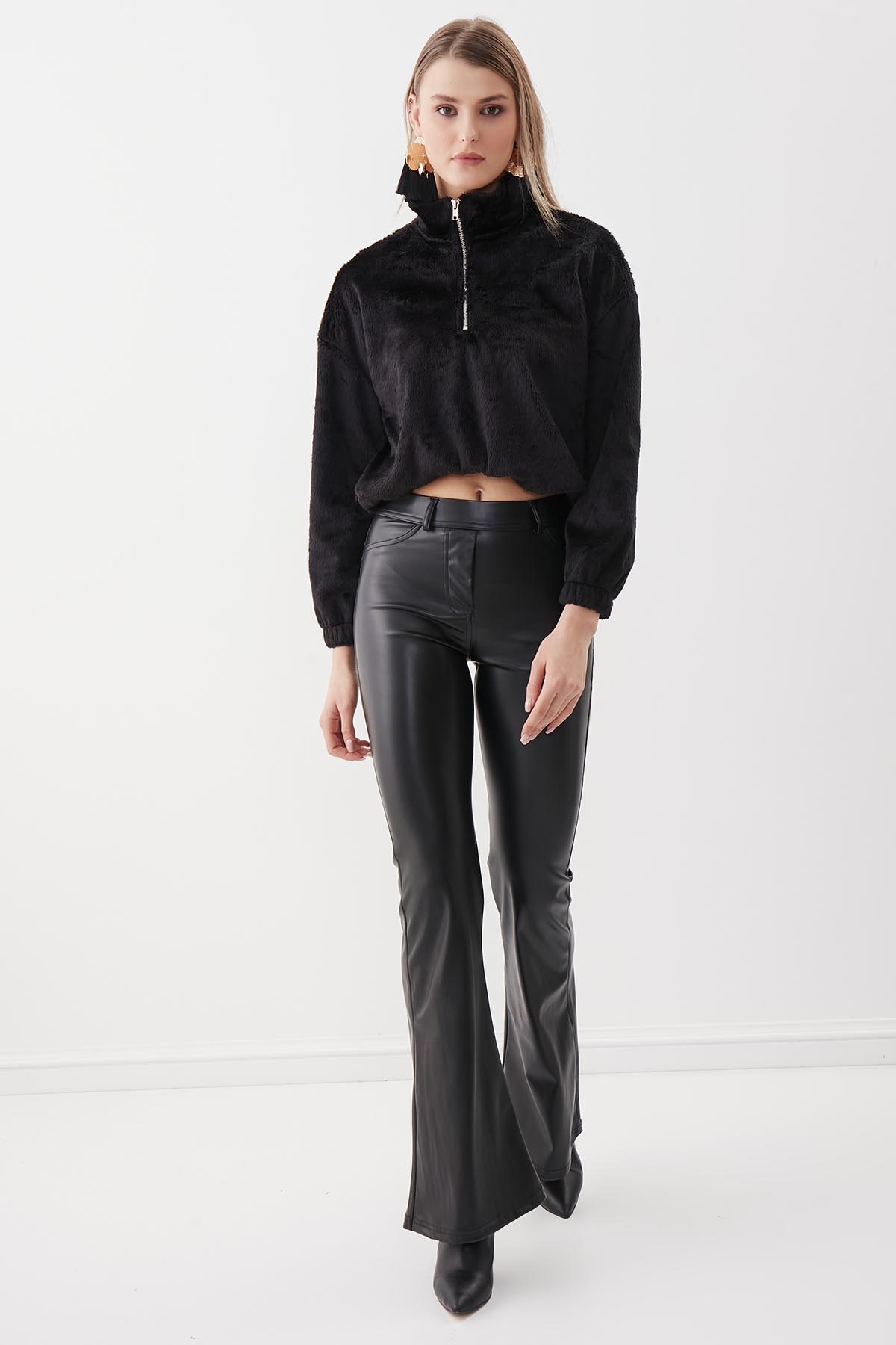 Fermuarlı Dik Yaka Peluş Sweat - Thumbnail