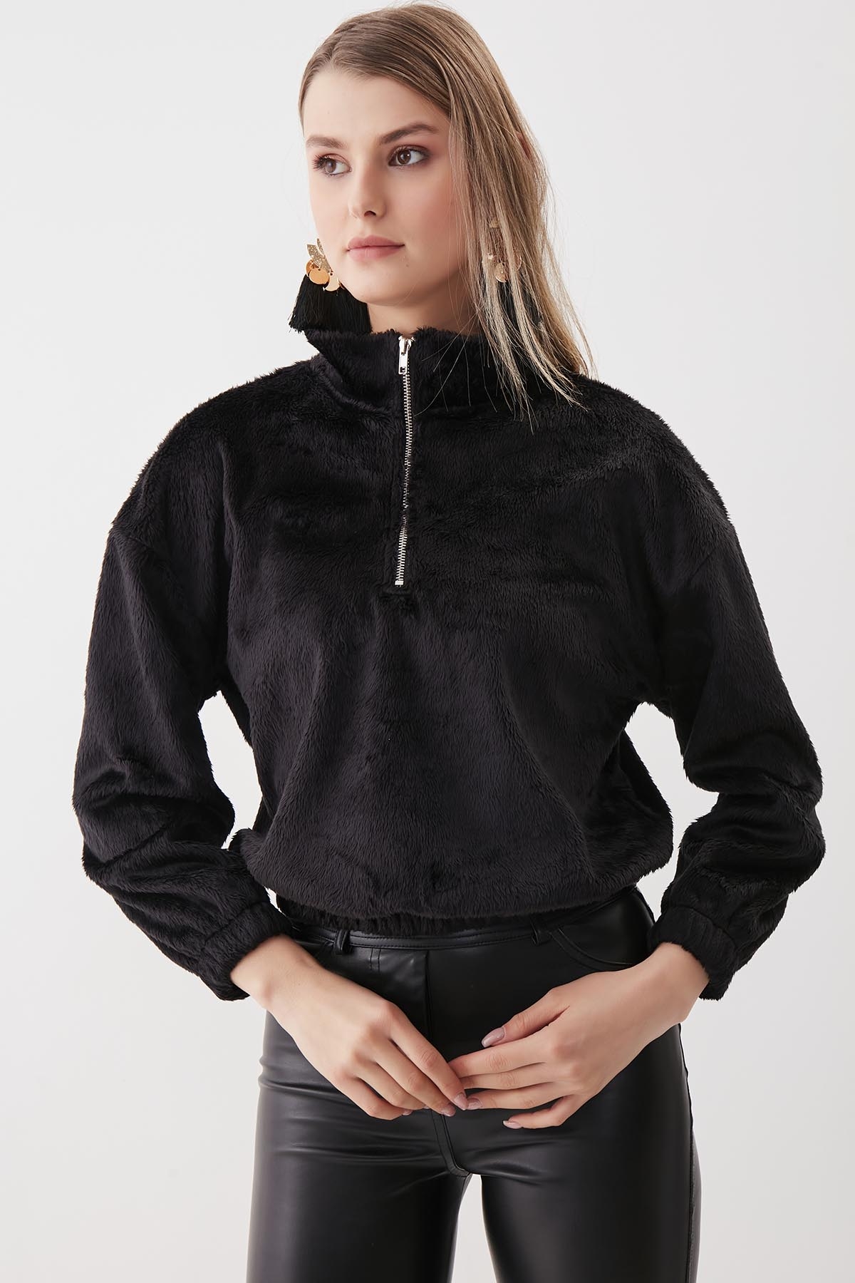 Fermuarlı Dik Yaka Peluş Sweat - Thumbnail