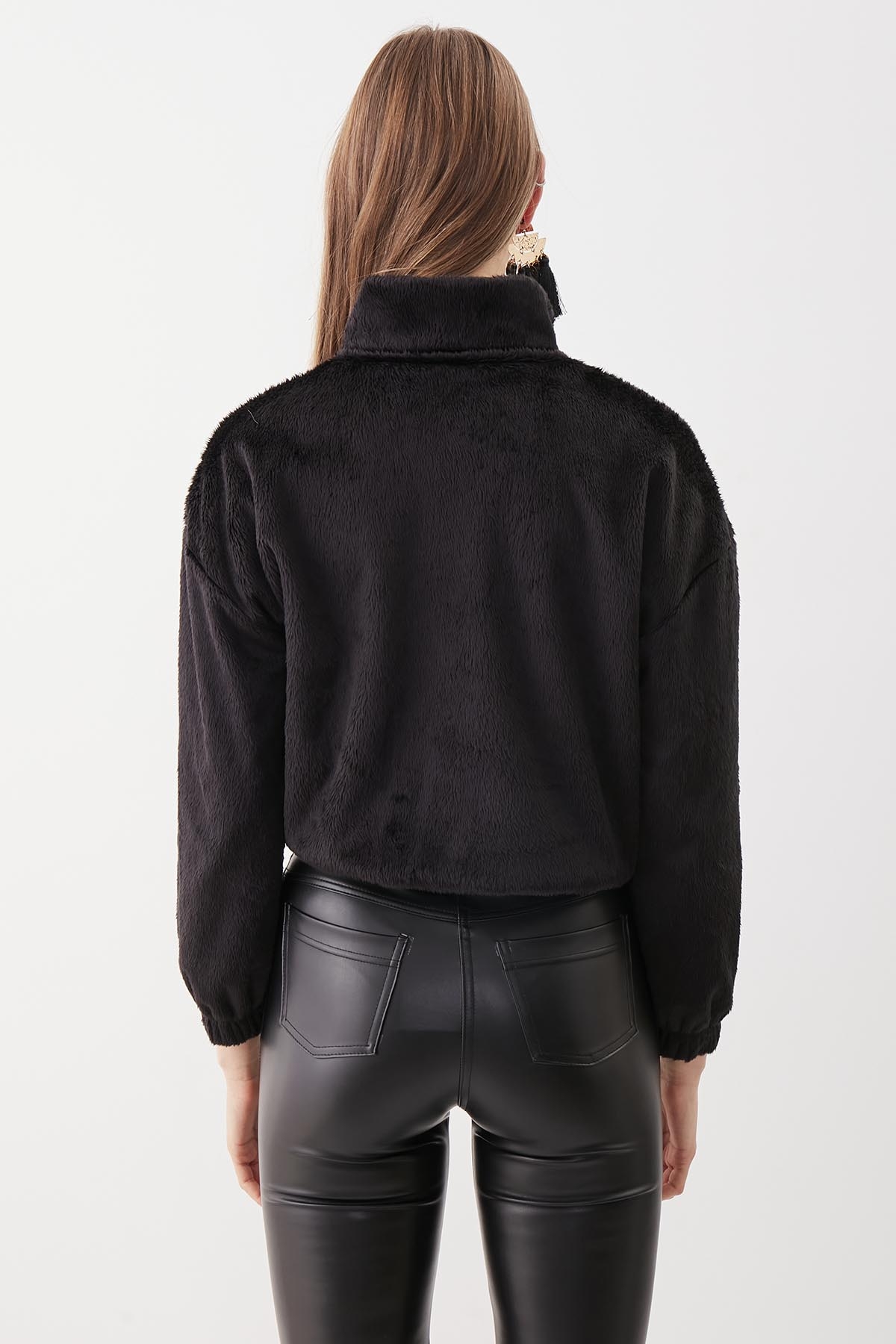 Fermuarlı Dik Yaka Peluş Sweat - Thumbnail