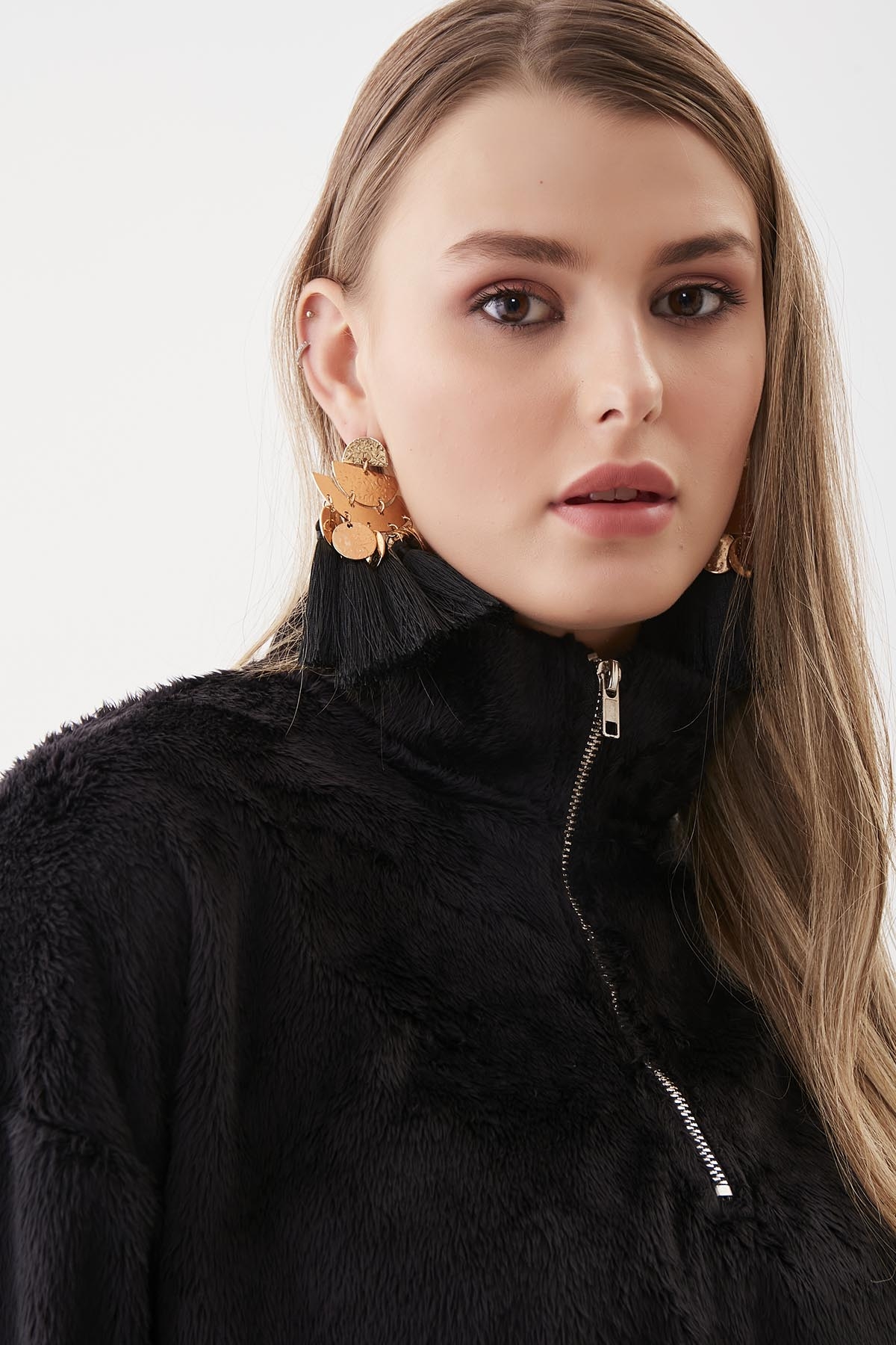 Fermuarlı Dik Yaka Peluş Sweat - Thumbnail