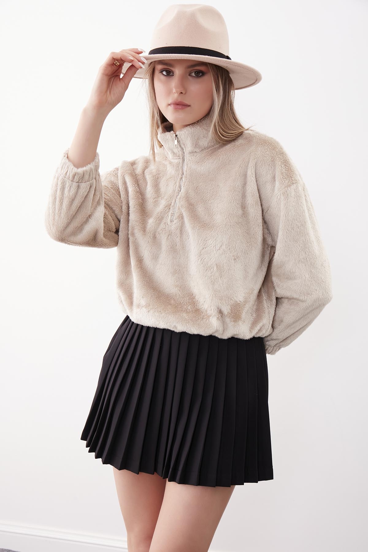 Fermuarlı Dik Yaka Peluş Sweat - Thumbnail