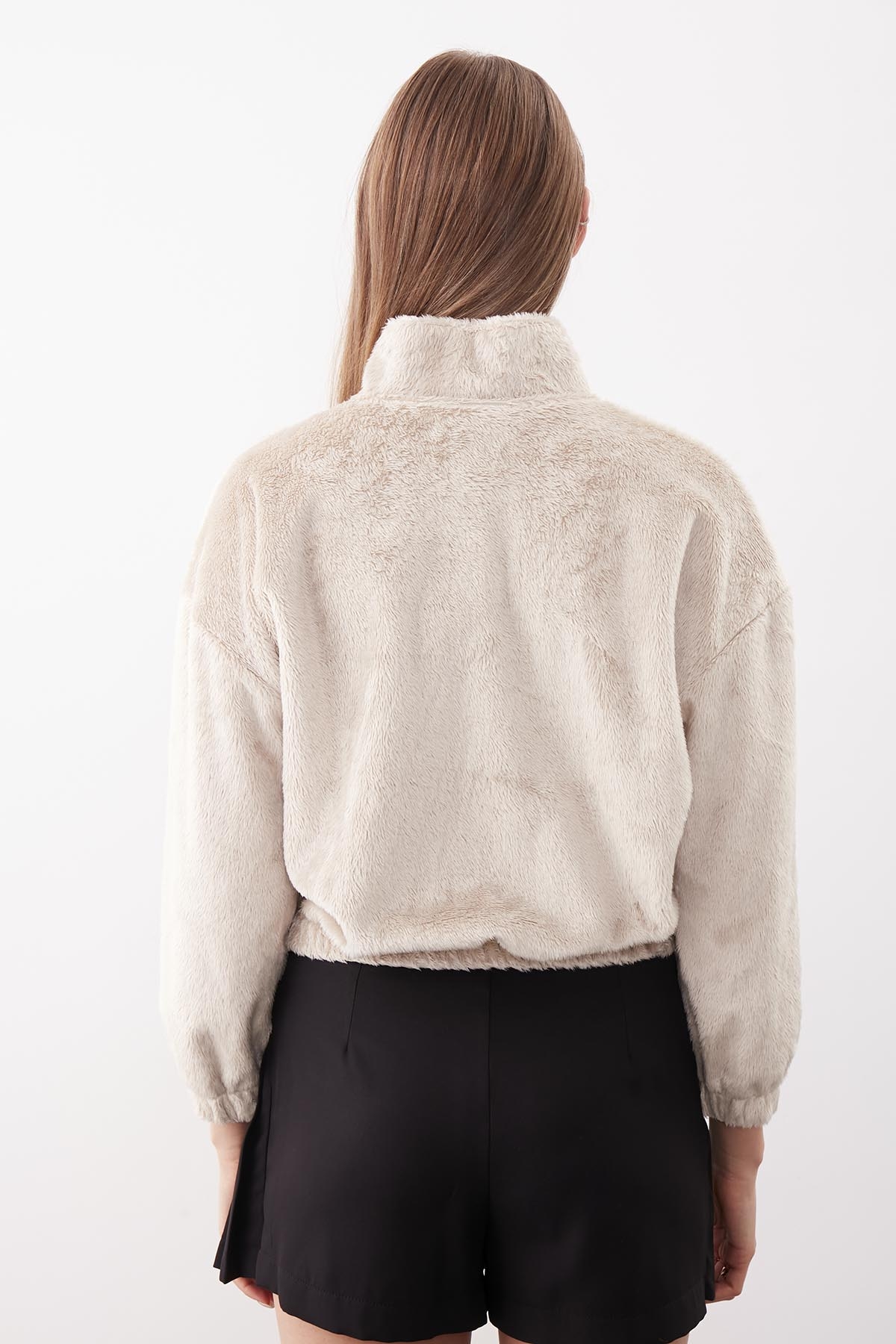 Fermuarlı Dik Yaka Peluş Sweat - Thumbnail