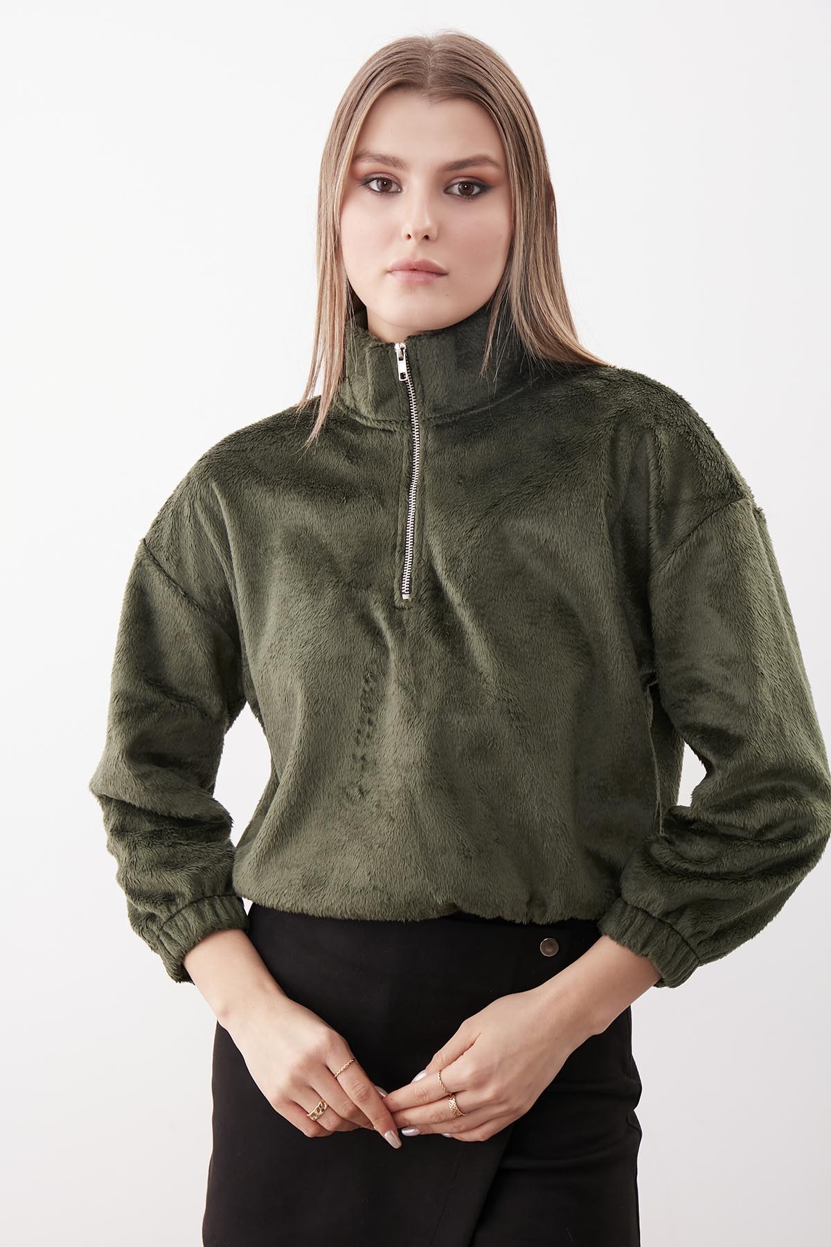 Fermuarlı Dik Yaka Peluş Sweat - Thumbnail