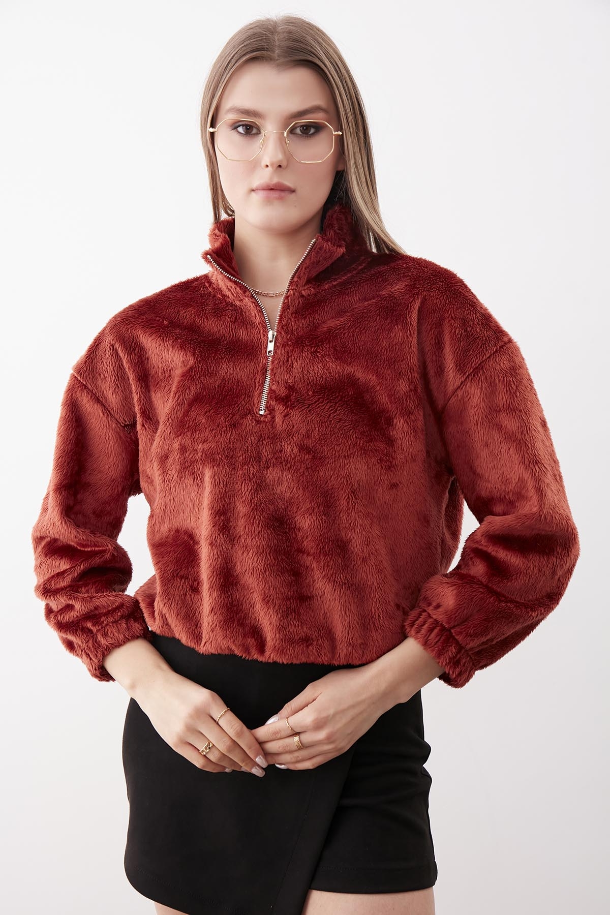 Fermuarlı Dik Yaka Peluş Sweat - Thumbnail