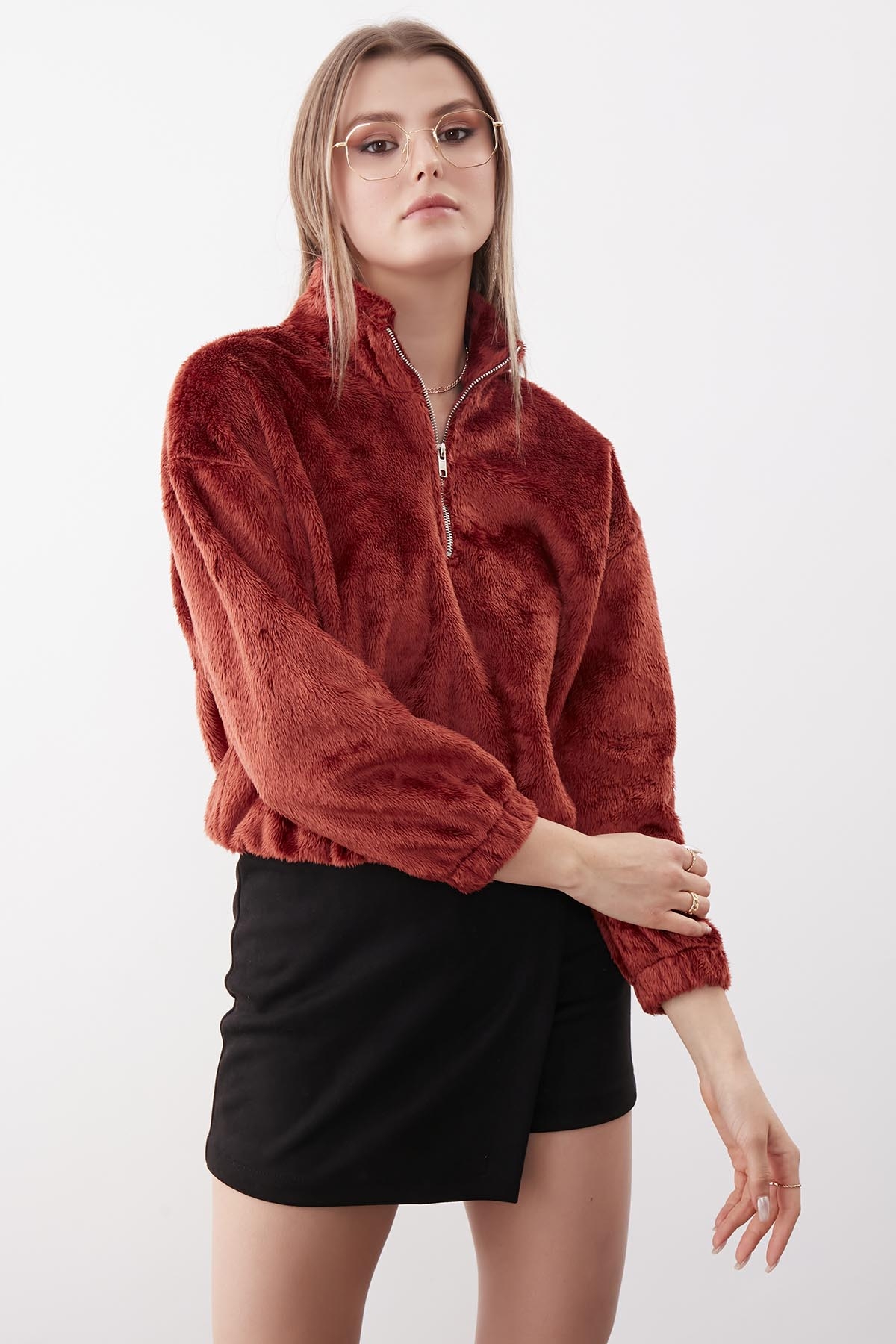 Fermuarlı Dik Yaka Peluş Sweat - Thumbnail