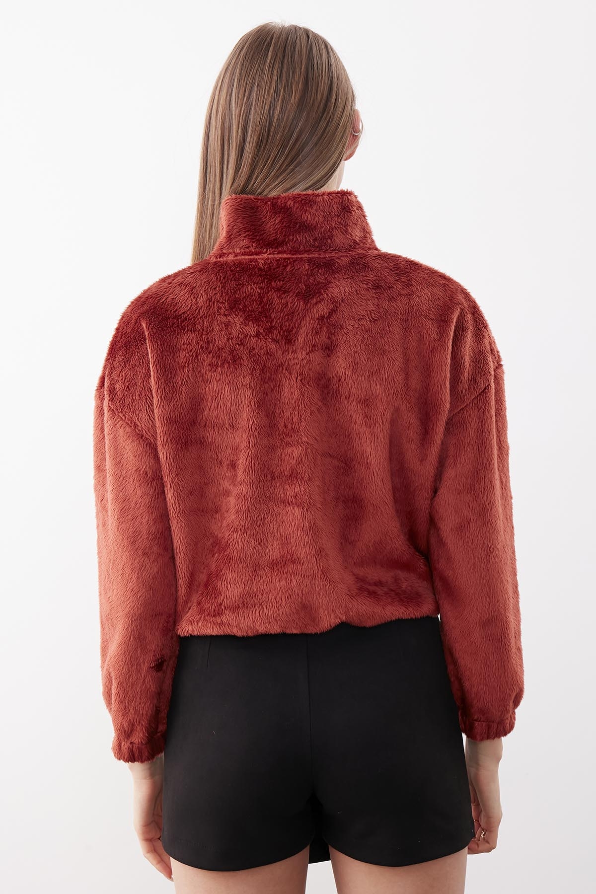 Fermuarlı Dik Yaka Peluş Sweat - Thumbnail