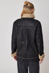Suni Deri İçi Kürk Detaylı Uzun Biker Ceket - 10