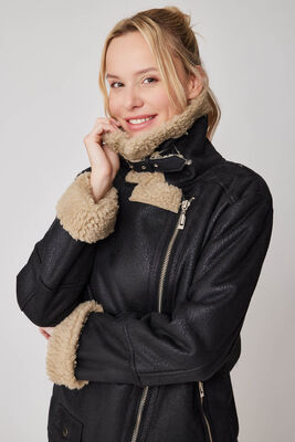 Suni Deri İçi Kürk Detaylı Uzun Biker Ceket - 12