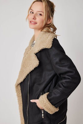 Suni Deri İçi Kürk Detaylı Uzun Biker Ceket - 9
